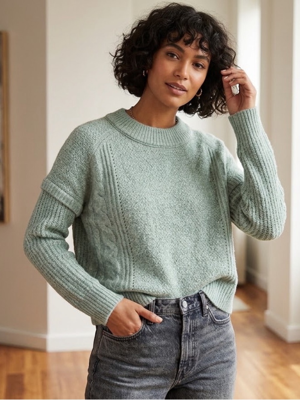 Madewell Kiawah Cable Knit Crew Sweater Women’s Sz Small US Green Alpaca Blend